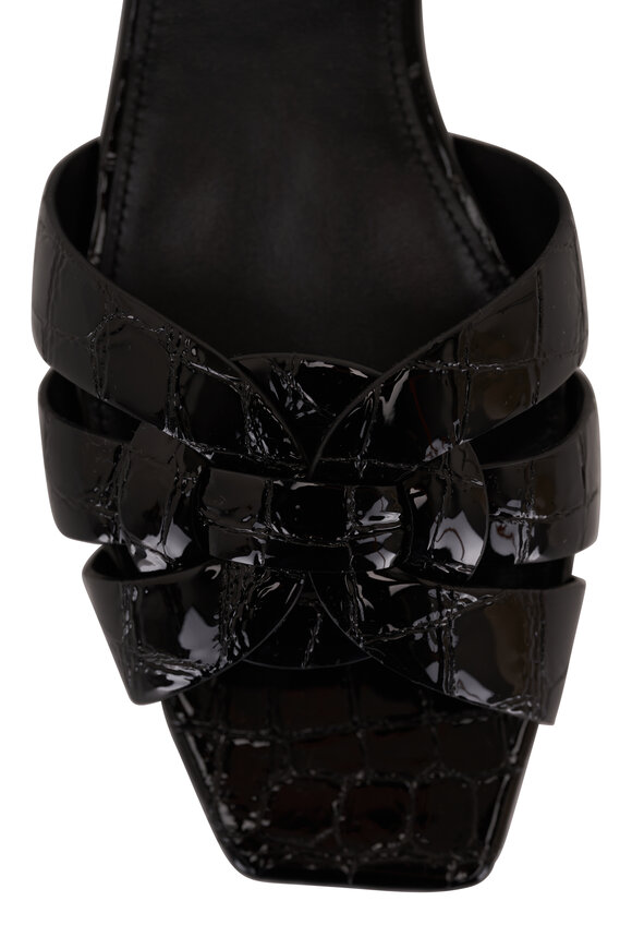Saint Laurent - Tribute Black Embossed Patent Leather Flat Sandal 