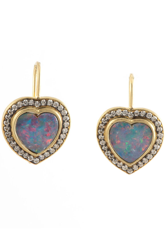 Sylva & Cie Opal and Diamond Heart Earrings