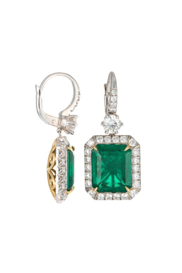 Diana M Jewels 18k Two Toned Gold Emerald Halo Drop Earring - view 1