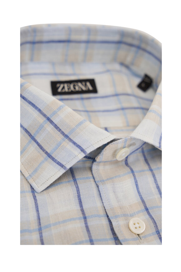 Zegna - Blue & Beige Plaid Linen Sport Shirt