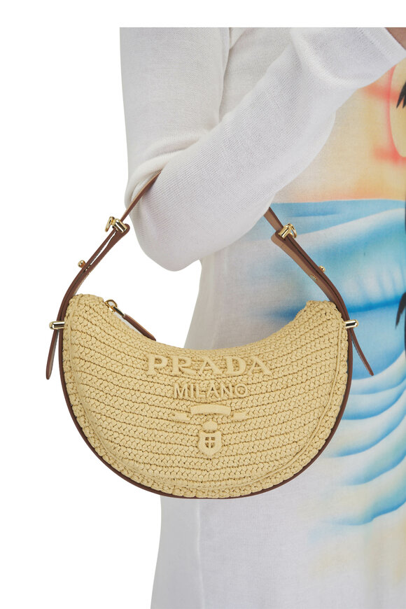 Prada - Natural Raffia Logo Crochet Shoulder Bag 