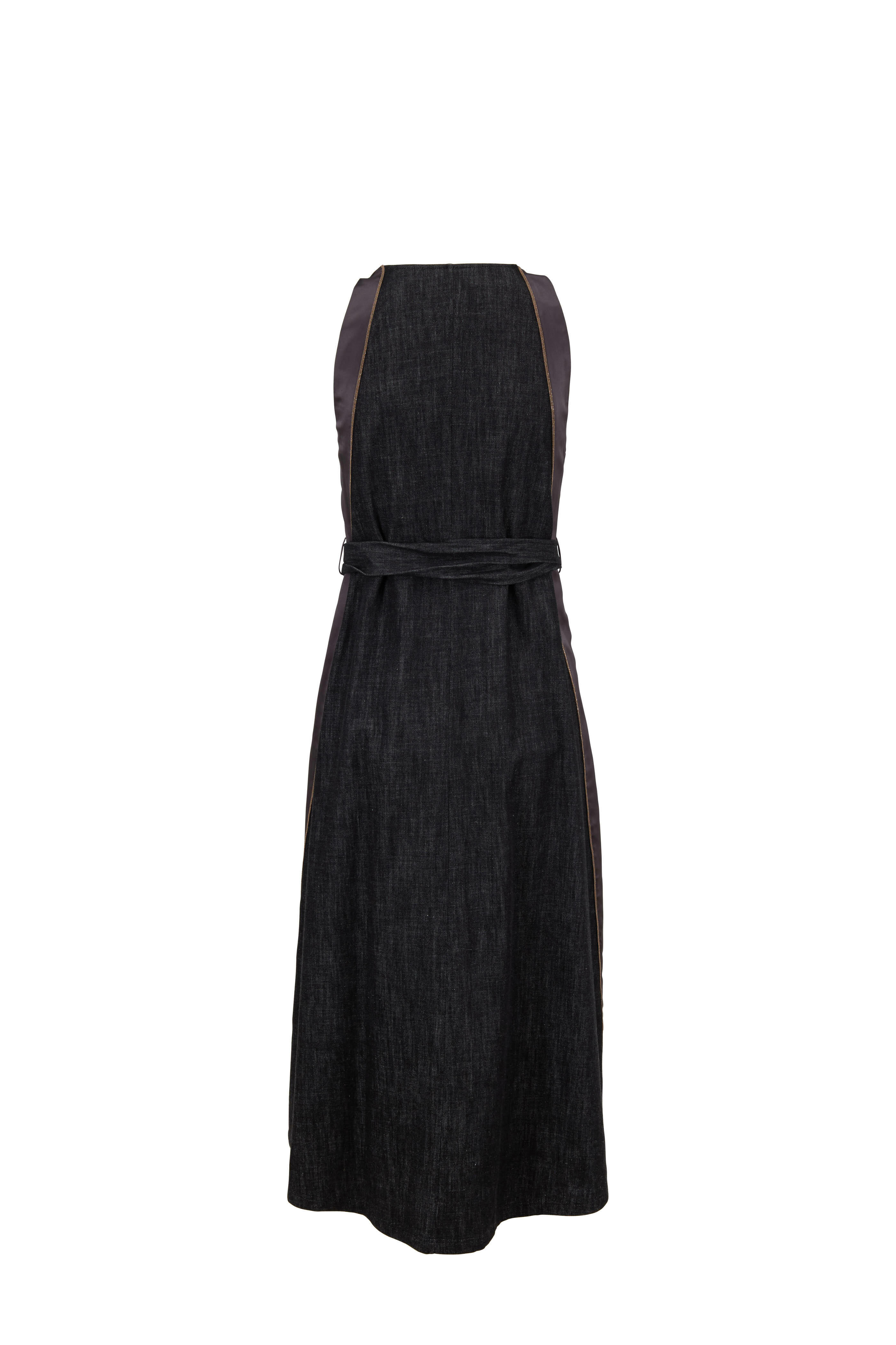 Brunello Cucinelli - Dark Denim With Satin & Monili Trim V-Neck Dress