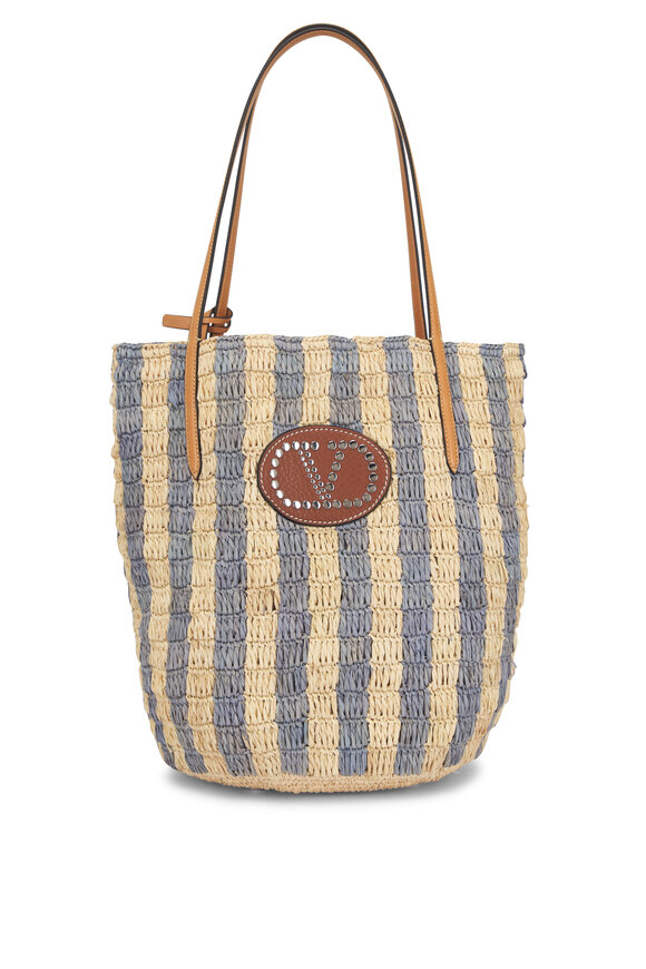 Valentino Garavani VLogo Natural & Azure Stripe Raffia Shopping Bag