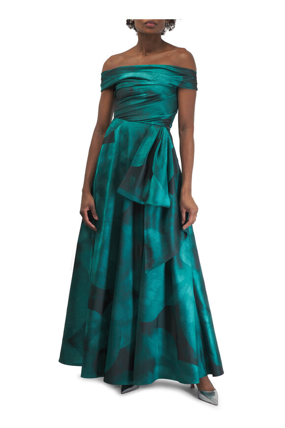 Talbot Runhof - Lisianthus Jacquard Jade Draped Gown