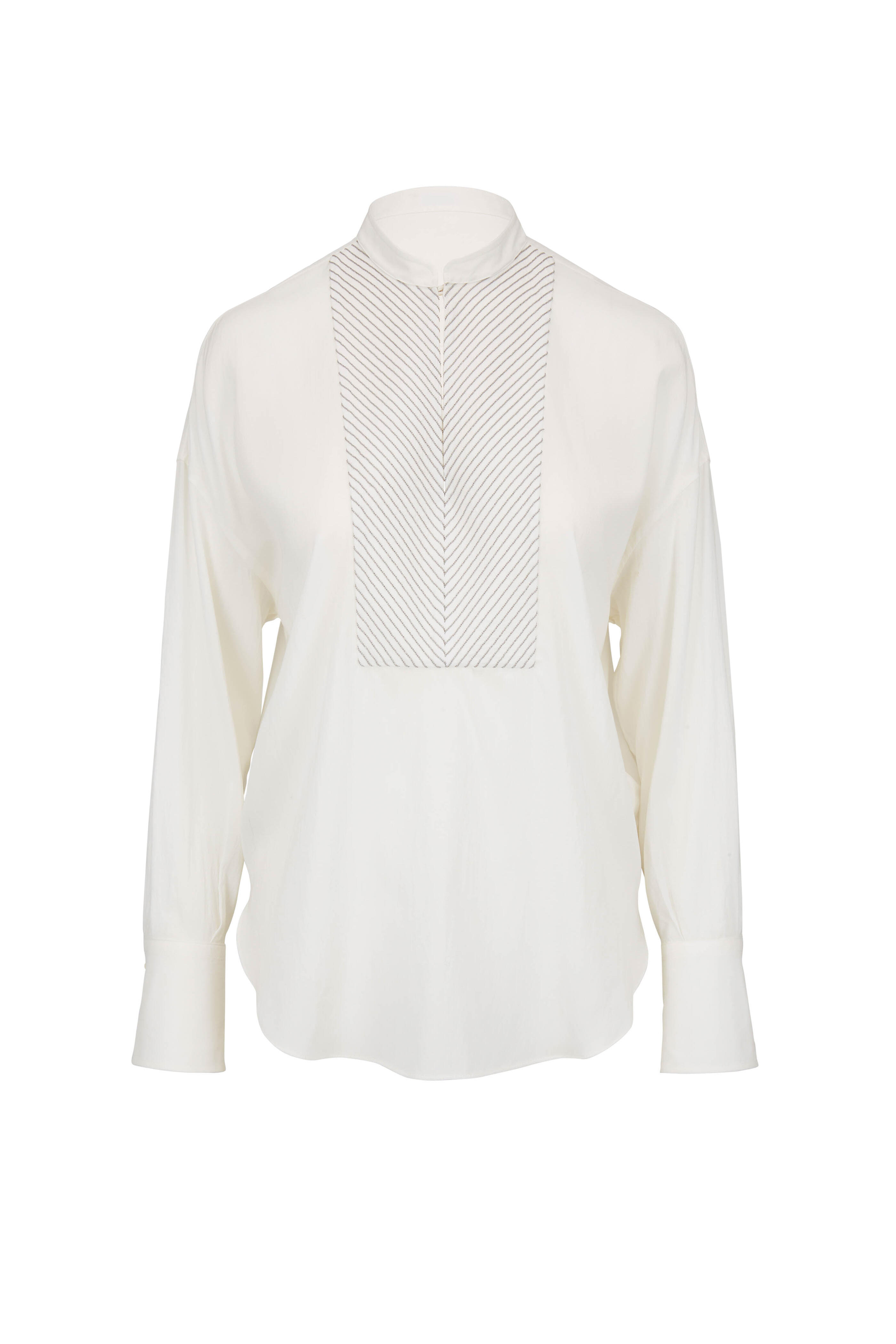 Brunello Cucinelli - White Silk Collarless Monili Panel Henley