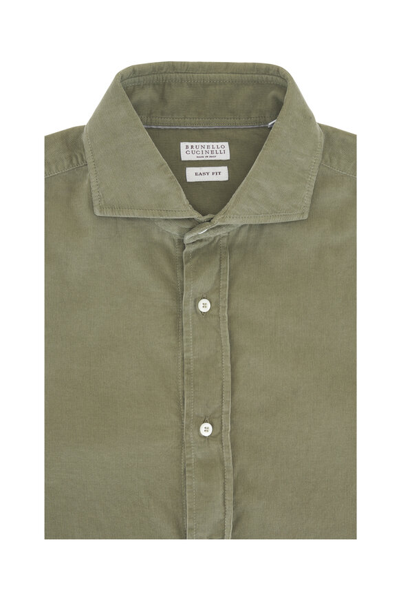 Brunello Cucinelli Olive Green Corduroy Cotton Sport Shirt