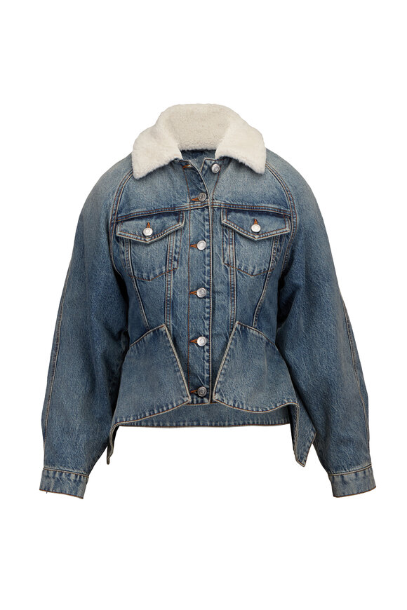 Balmain Shearling Collar Fitted Denim Jacket - view 1