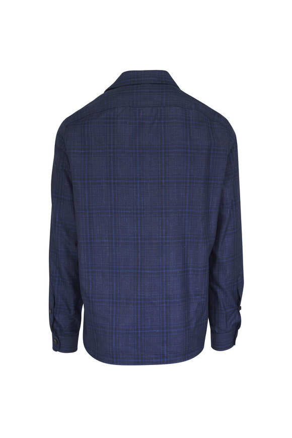 Isaia Navy Blue Plaid Wool, Cashmere & Silk Overshirt - view 3