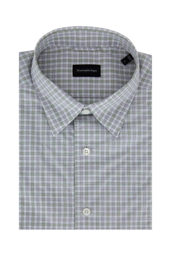 Zegna - Olive & Light Gray Check Tailored Fit Sport Shirt