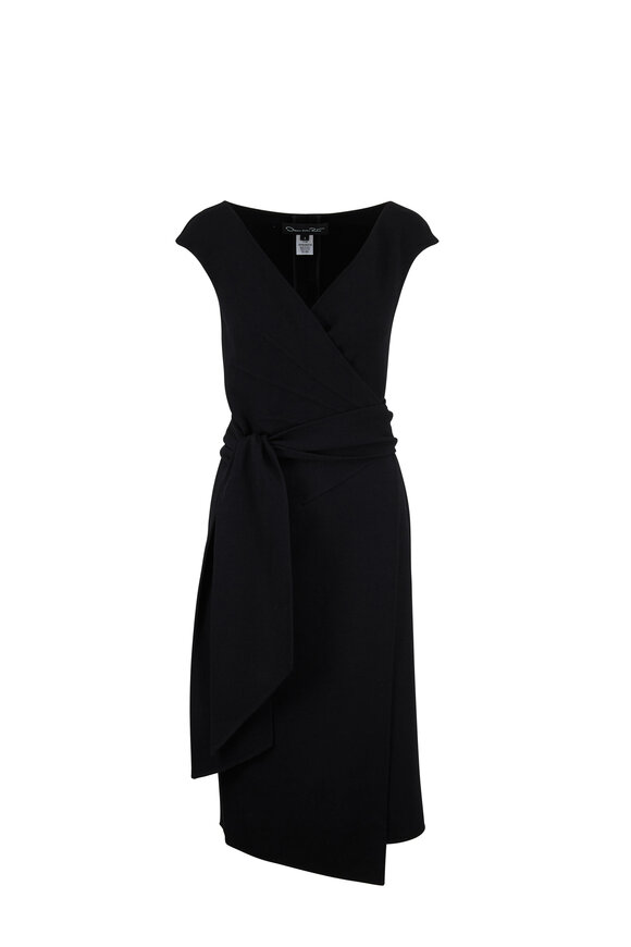 Oscar de la Renta - Black Stretch Wool Crêpe Sleeveless Wrap Dress