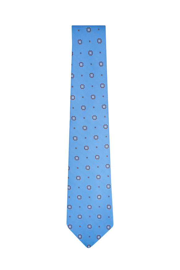 Kiton Light Blue Medallion Print Silk Necktie