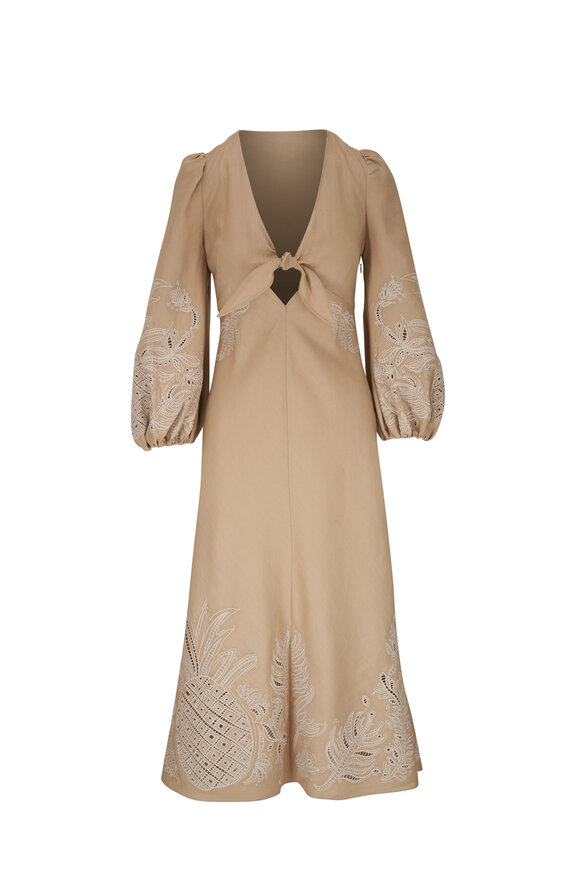 Dorothee Schumacher Exquisite Luxury Beige Linen Embroidered Dress 