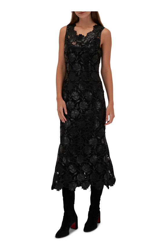 Dolce & Gabbana - Black Vegan Leather Cutout Floral Midi Dress