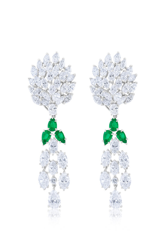 Diana M Jewels 18k White Gold Art Deco Diamond & Emerald Earring - view 1