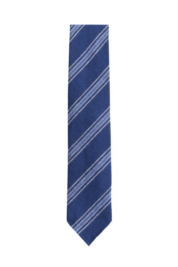Cesare Attolini Blue & Grey Herringbone Stripe Necktie