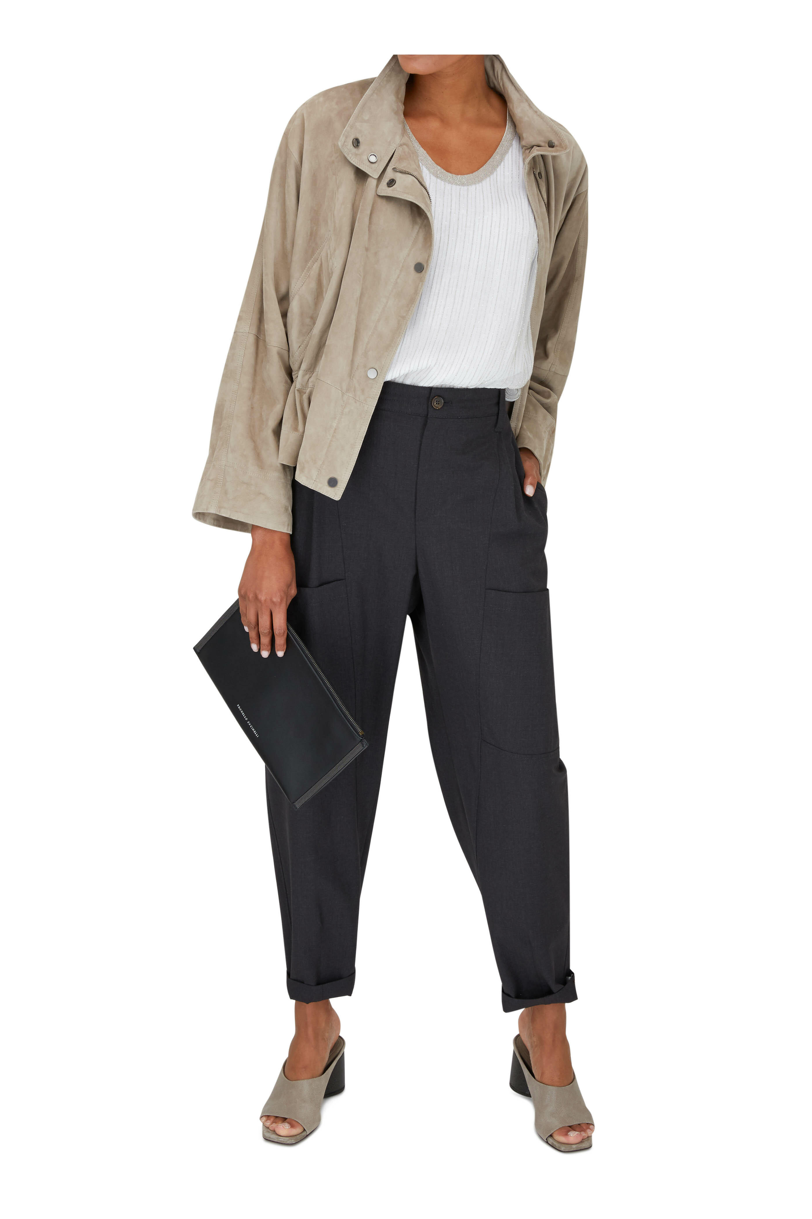 Brunello Cucinelli - Black Leather Monili Trim Wristlet Clutch