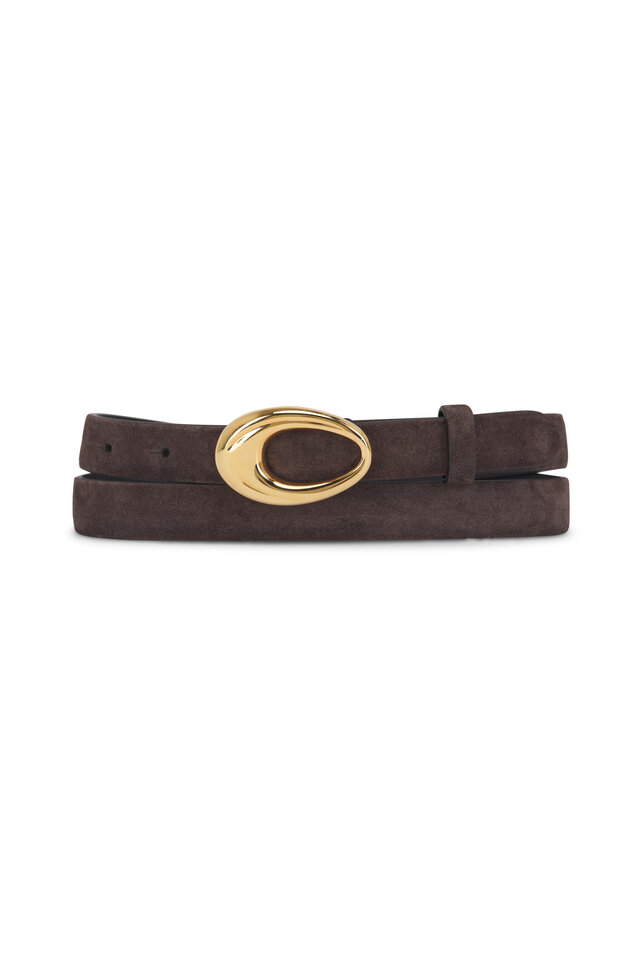 【KHAITE】ベニー・ベルト コーヒースエードとゴールド Benny Belt in Coffee Suede with Gold – KHAITE
