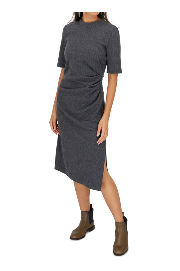 Brunello Cucinelli - Anthracite Wool Pinstriped Short Sleeve Dress 