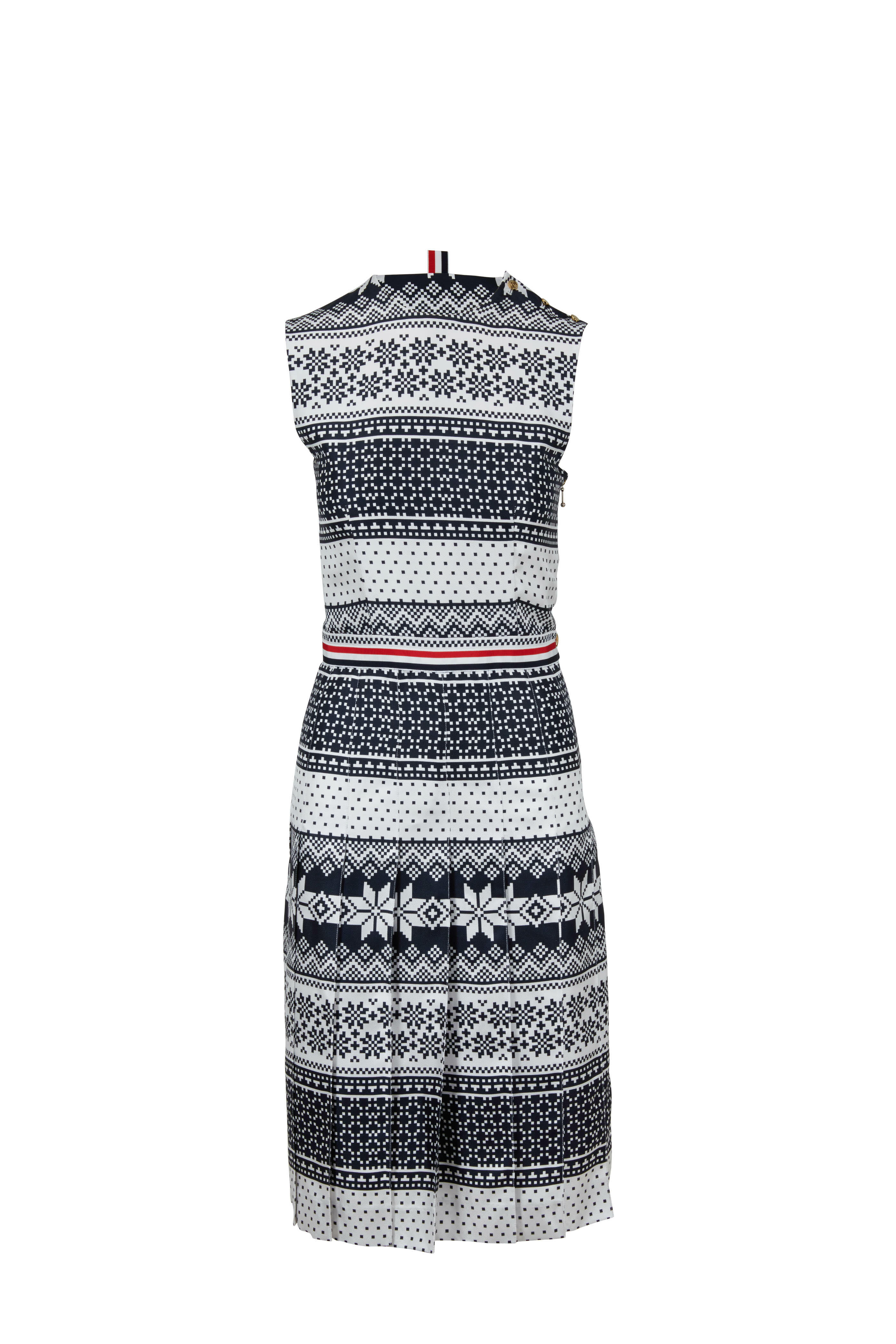 Thom Browne - Navy & White Fair Isle Print Silk Sleeveless Dress