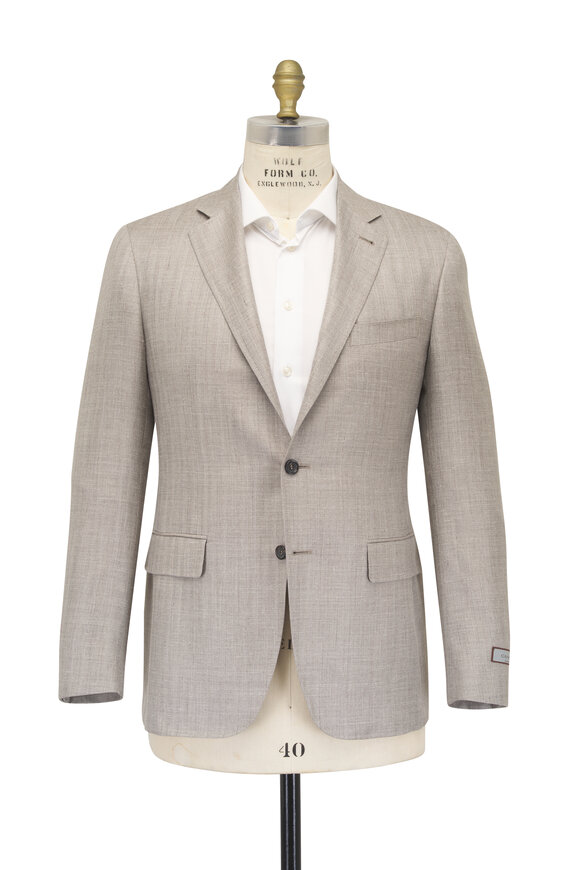 Canali Beige Chevron Wool, Silk & Linen Sportcoat - view 3