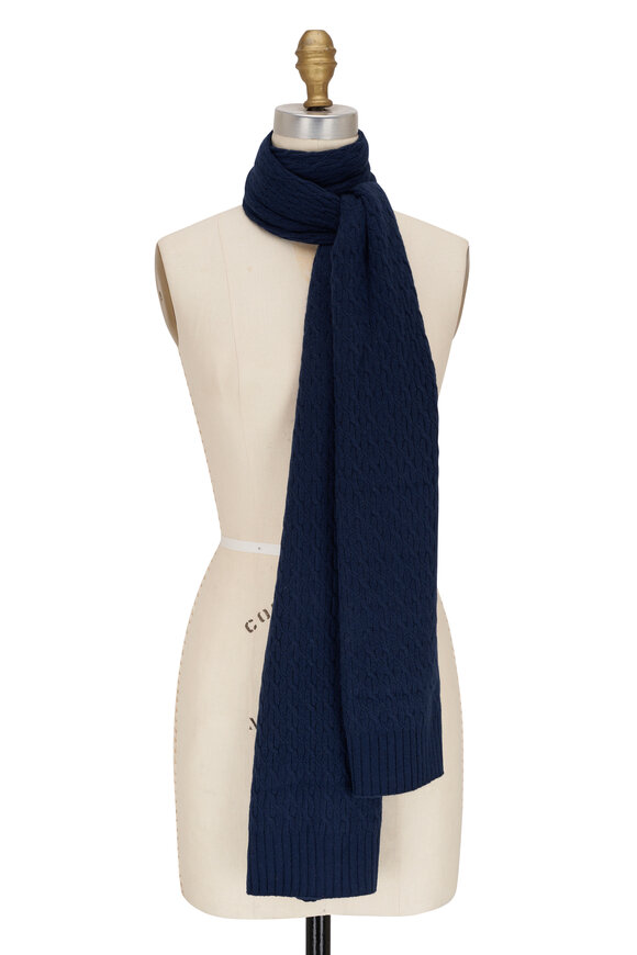 Kinross - Navy Cashmere Cable Knit Scarf 