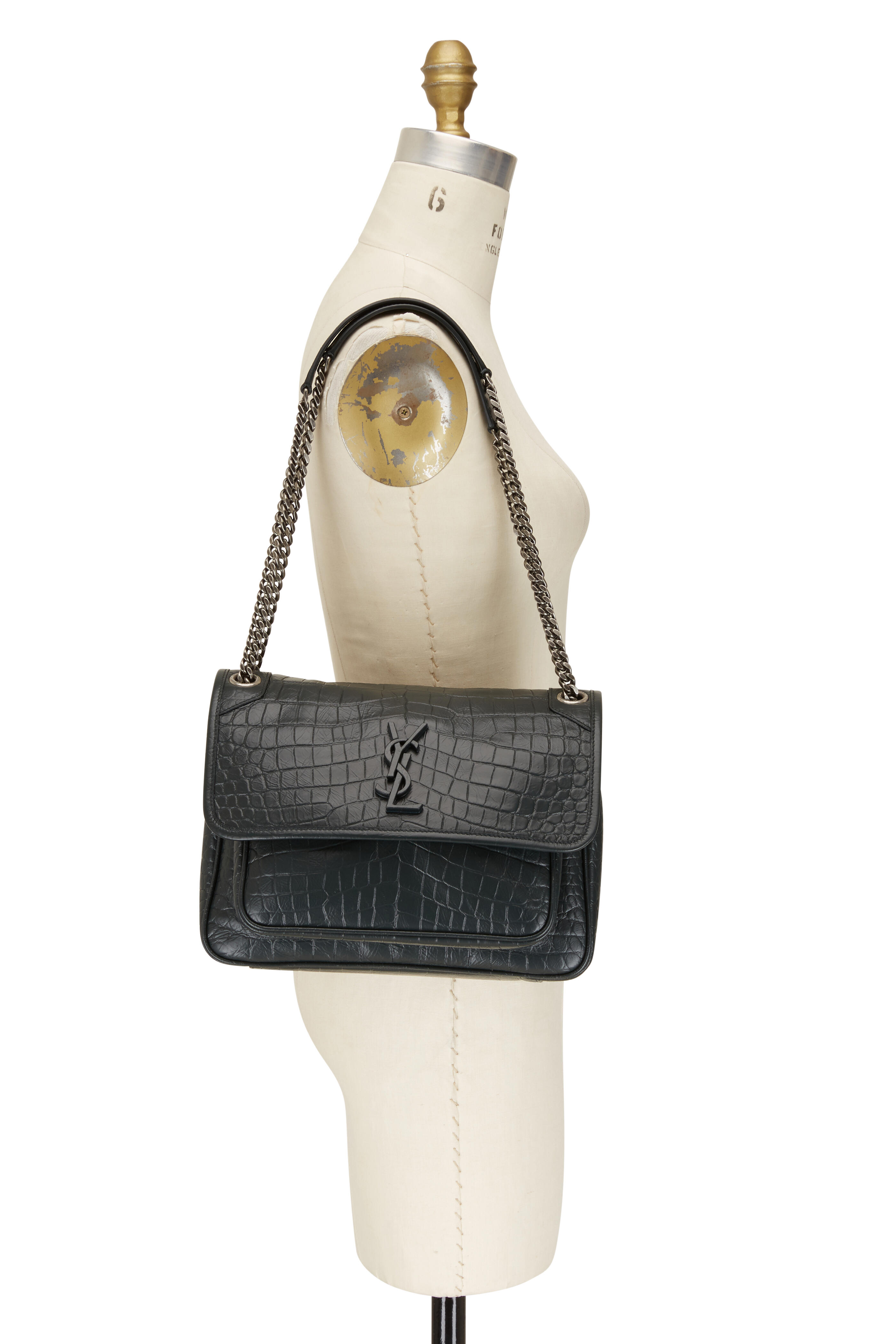 White YSL-logo croc-effect leather clutch bag