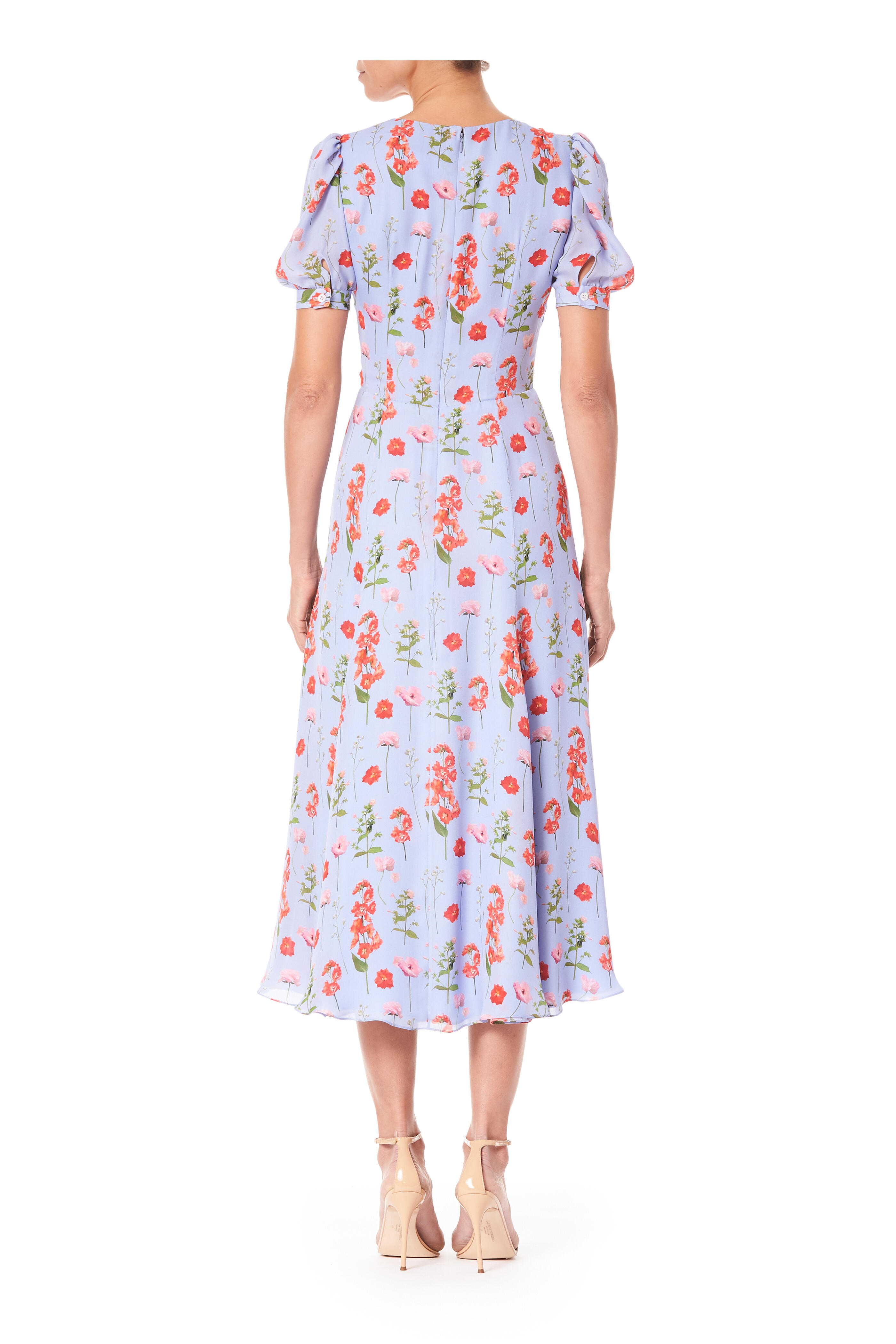 Carolina Herrera - Blue Multi Silk Floral Short Sleeve Dress