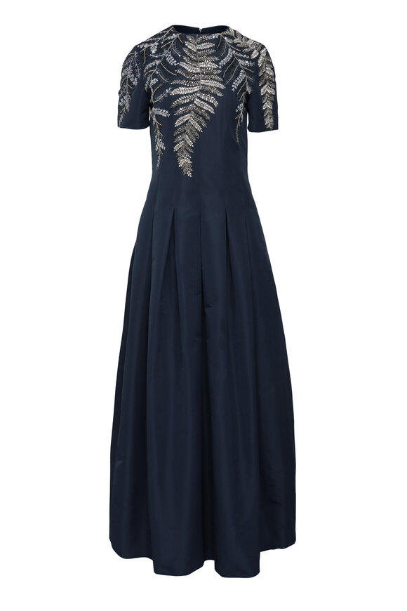Oscar de la Renta Navy Fern Sequin Embroidered Faille Gown