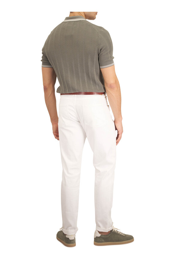 Brunello Cucinelli Olive Green English Rib Knit Polo Sweater - view 4