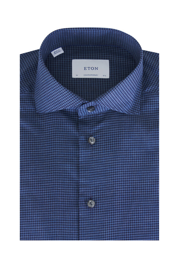 Eton Dark Blue Mini Check Cotton Dress Shirt - view 1