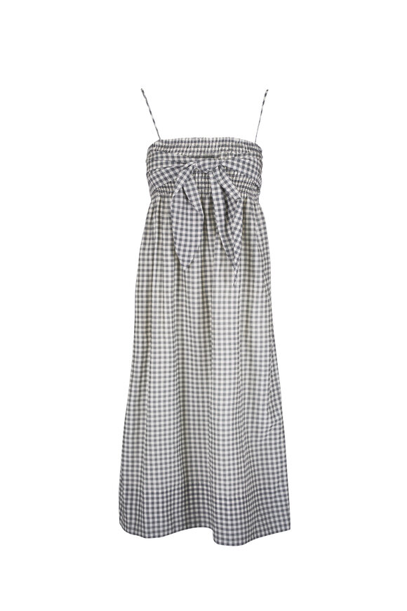 Vince Off White & Gray Gingham Tie Smocked Dress
