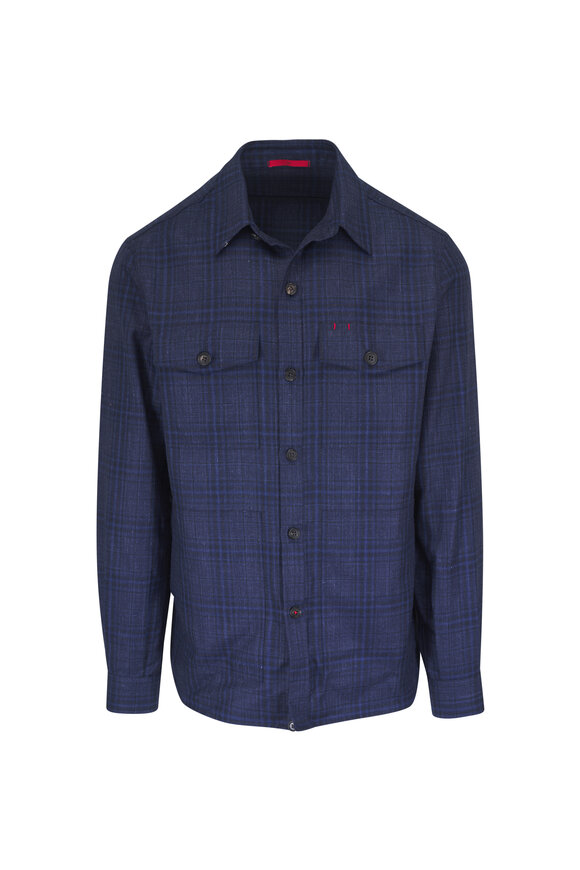 Isaia Navy Blue Plaid Wool, Cashmere & Silk Overshirt - view 1