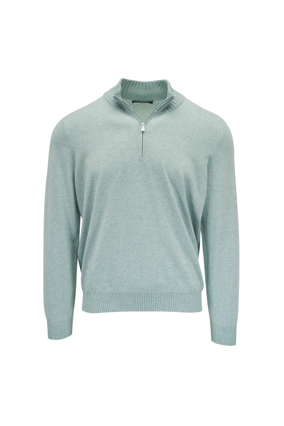 Gran Sasso Green Cotton & Cashmere Quarter Zip Pullover