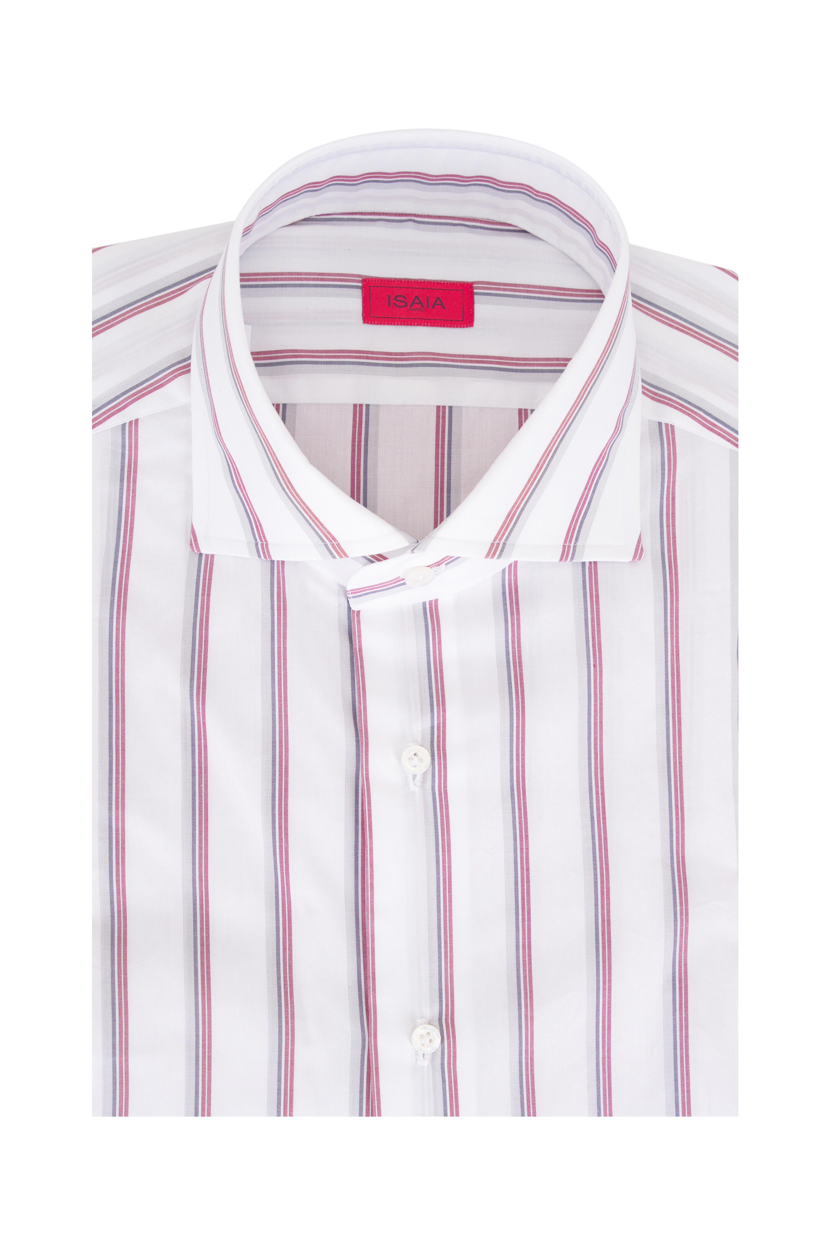 Isaia Men's White & Burgundy Stripe Cotton Dress Shirt