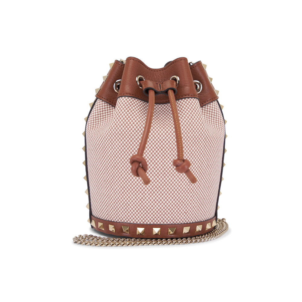 【関税&送料込】Valentino Garavani Caramel Leather Bucket Ba Valentino Garavani - Brown Rockstud Canvas & Leather Mini