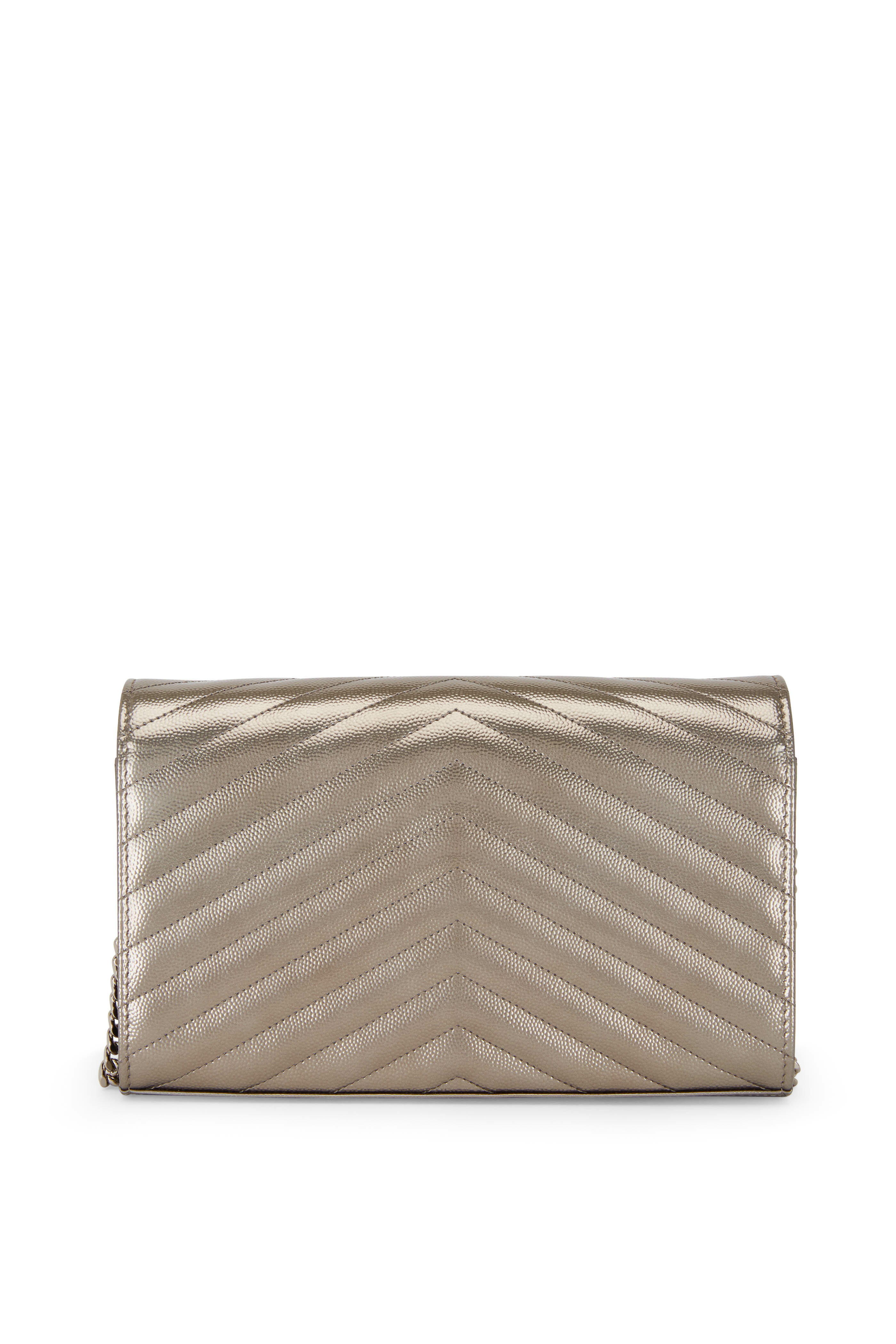 Saint Laurent - Silver Quilted Leather Monogram Chain Wallet