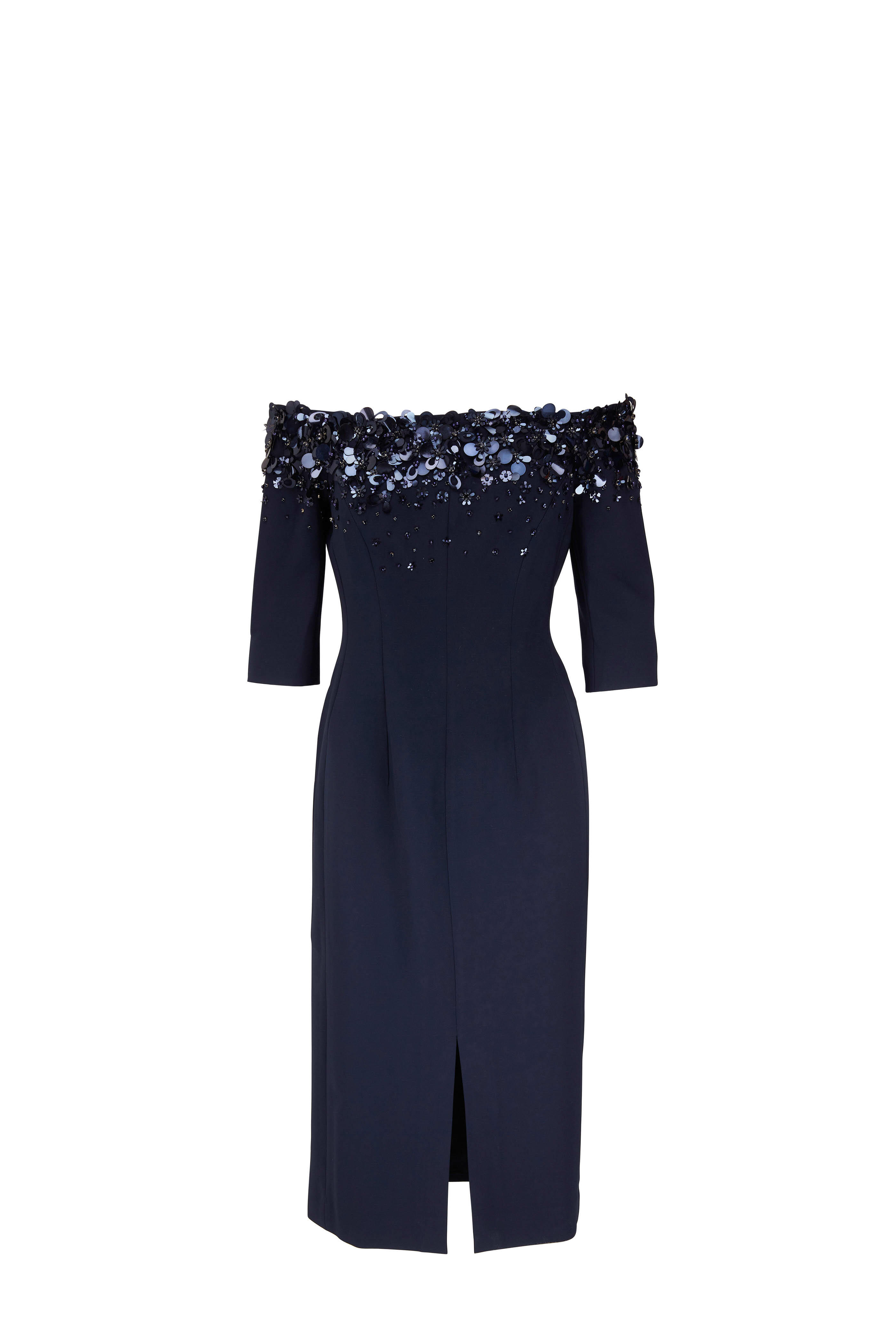 Carolina Herrera - Navy Embellished Off-The-Shoulder Midi Dress