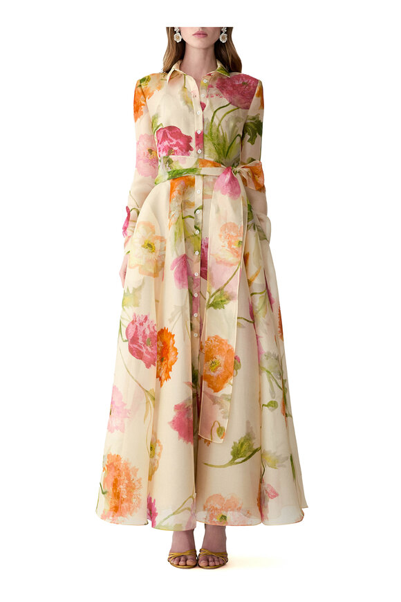 Carolina Herrera Almond Multi Poppy Print Organza Trench Dress - view 2