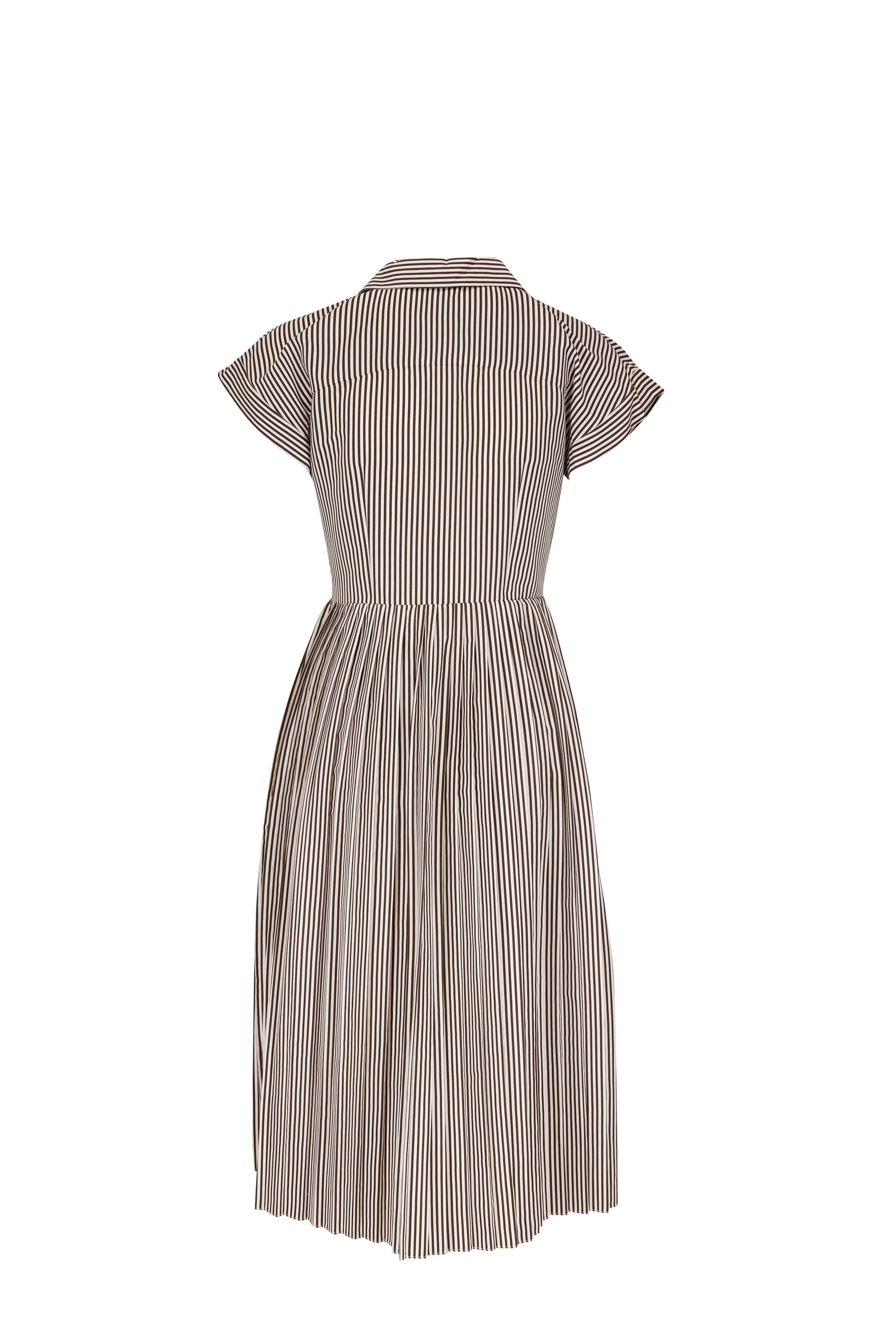 Adam Lippes - Brown & White Stripe Poplin Pleated Shirtdress