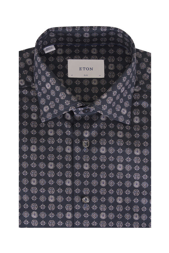 Eton Navy Blue Geometric Print Cotton Dress Shirt - view 1