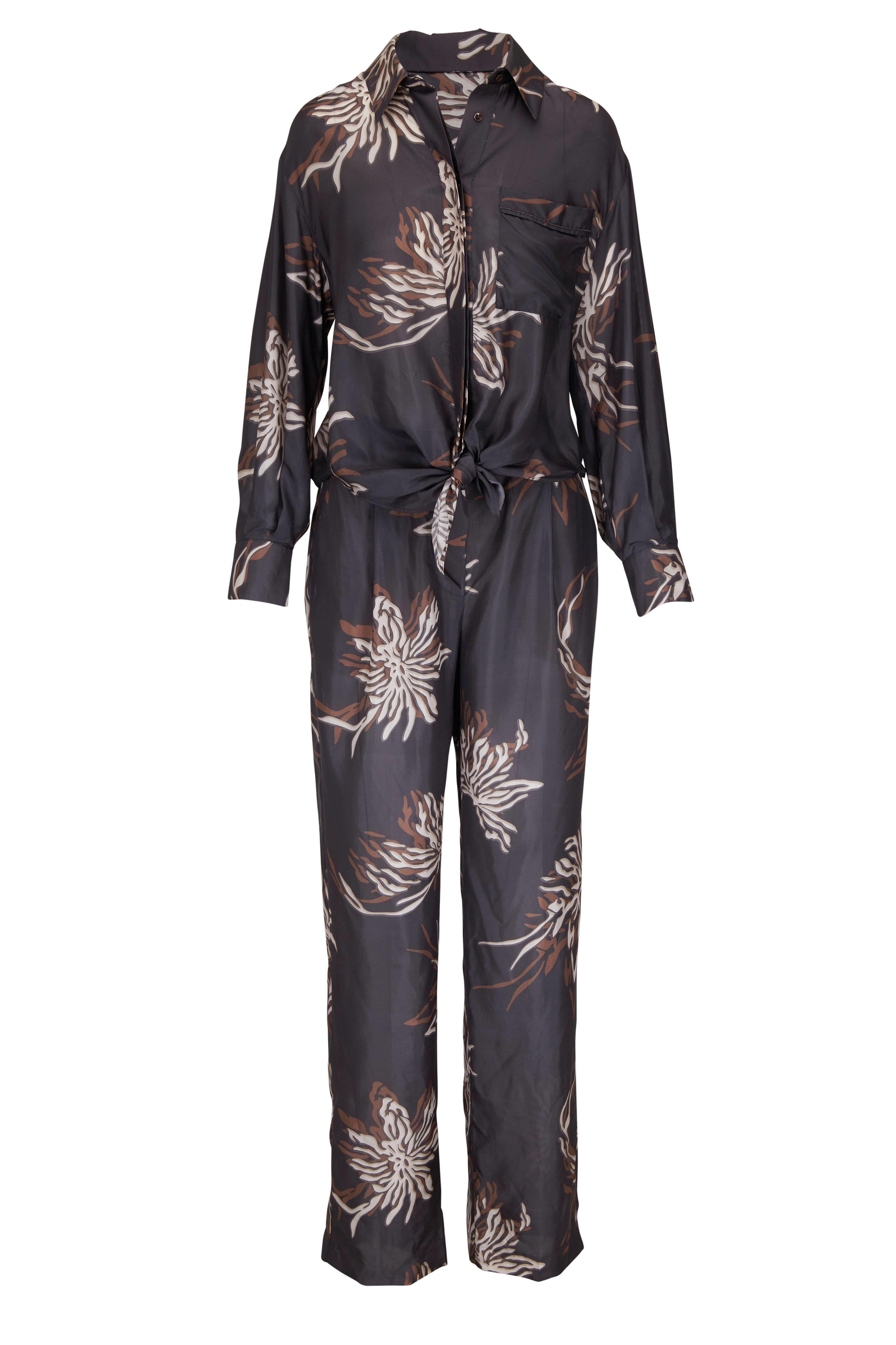 Brunello Cucinelli - Anthracite Printed Silk Button Up Jumpsuit