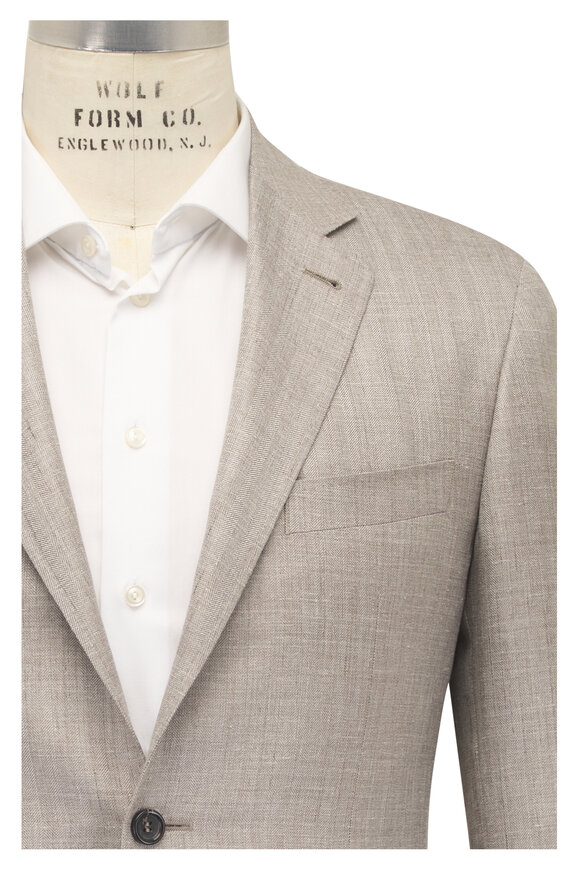 Canali Beige Chevron Wool, Silk & Linen Sportcoat