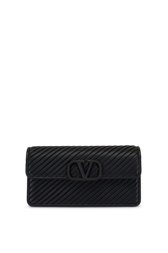 Valentino Garavani VLogo Black Leather Plisse Wallet on Chain