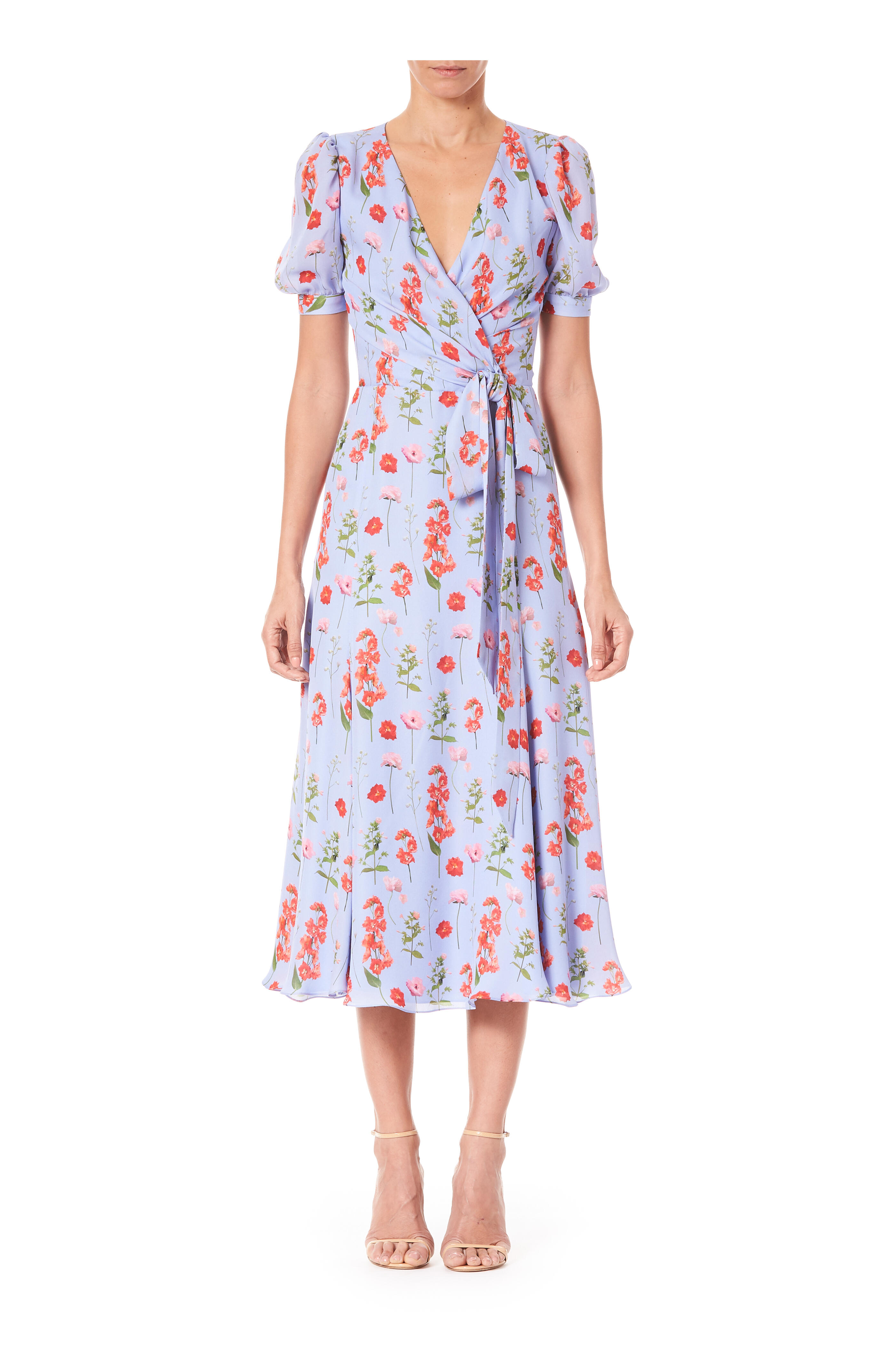 Carolina Herrera - Blue Multi Silk Floral Short Sleeve Dress