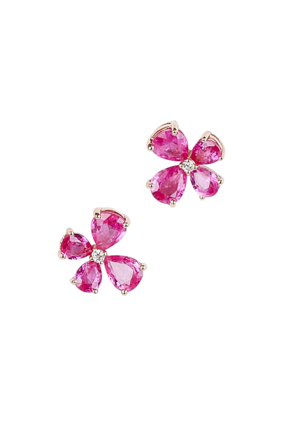 Kai Linz - 18K Rose Gold Ruby & Diamond Florwer Earrings