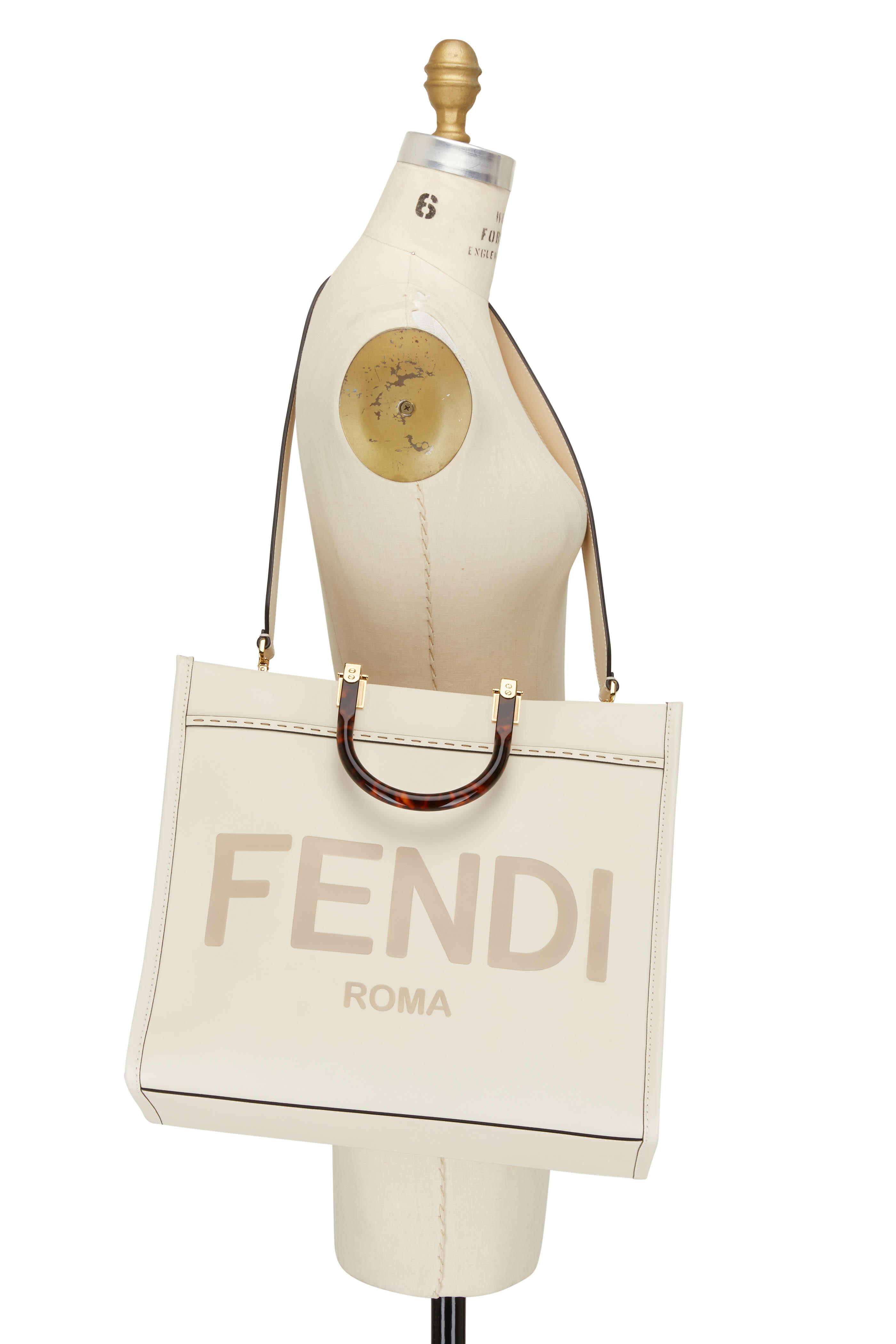FENDI: leather shopping bag with big Roma logo - White
