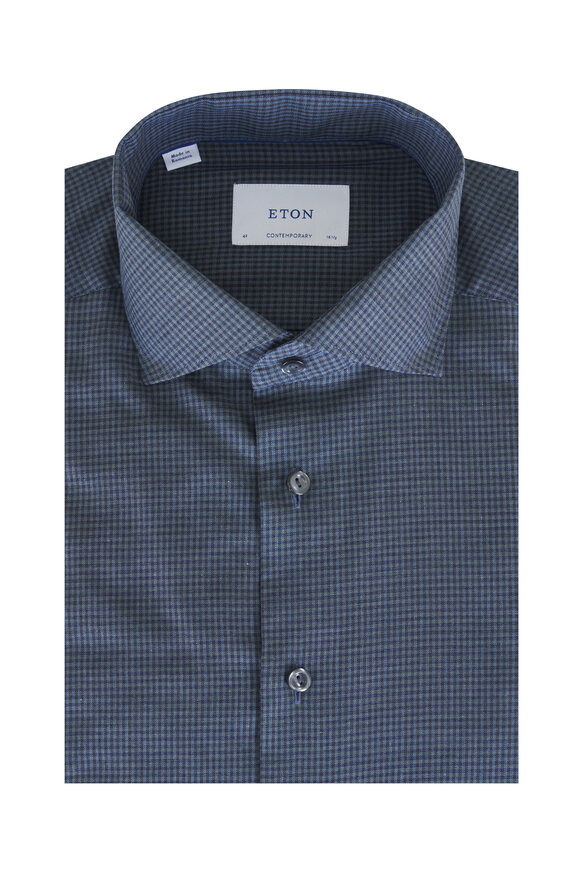 Eton Dark Green Plaid Cotton Dress Shirt - view 1