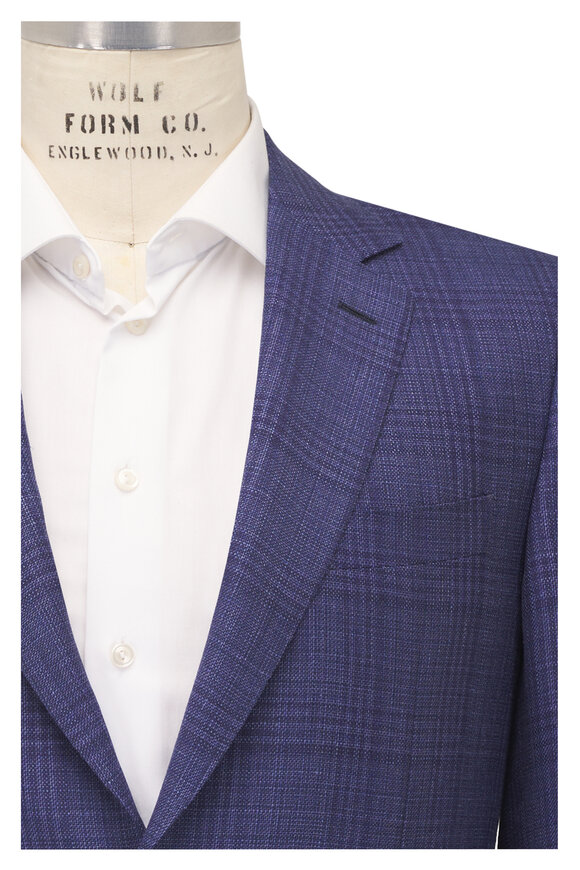 Canali Navy & Purple Plaid Wool, Silk & Linen Jacket