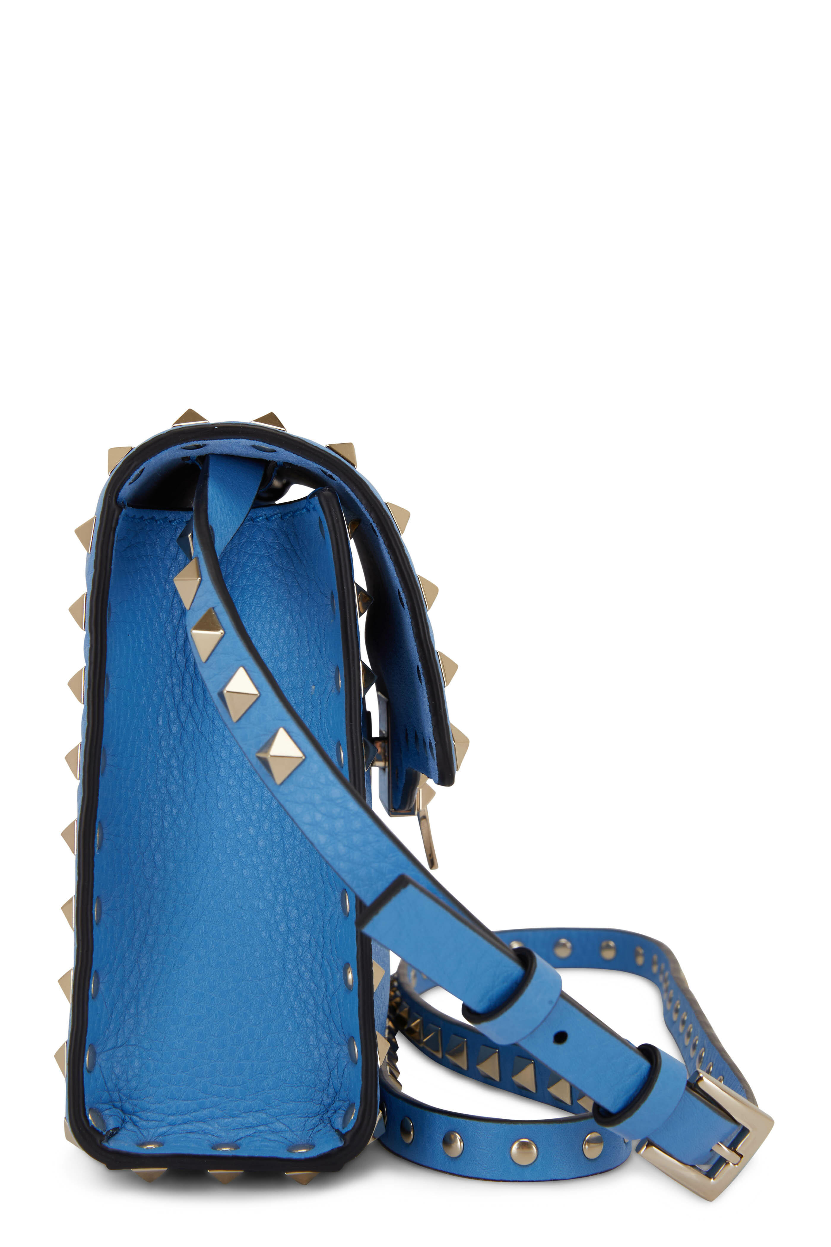 Valentino Small Rockstud Metallic Blue Leather Shoulder Bag - MyDesignerly