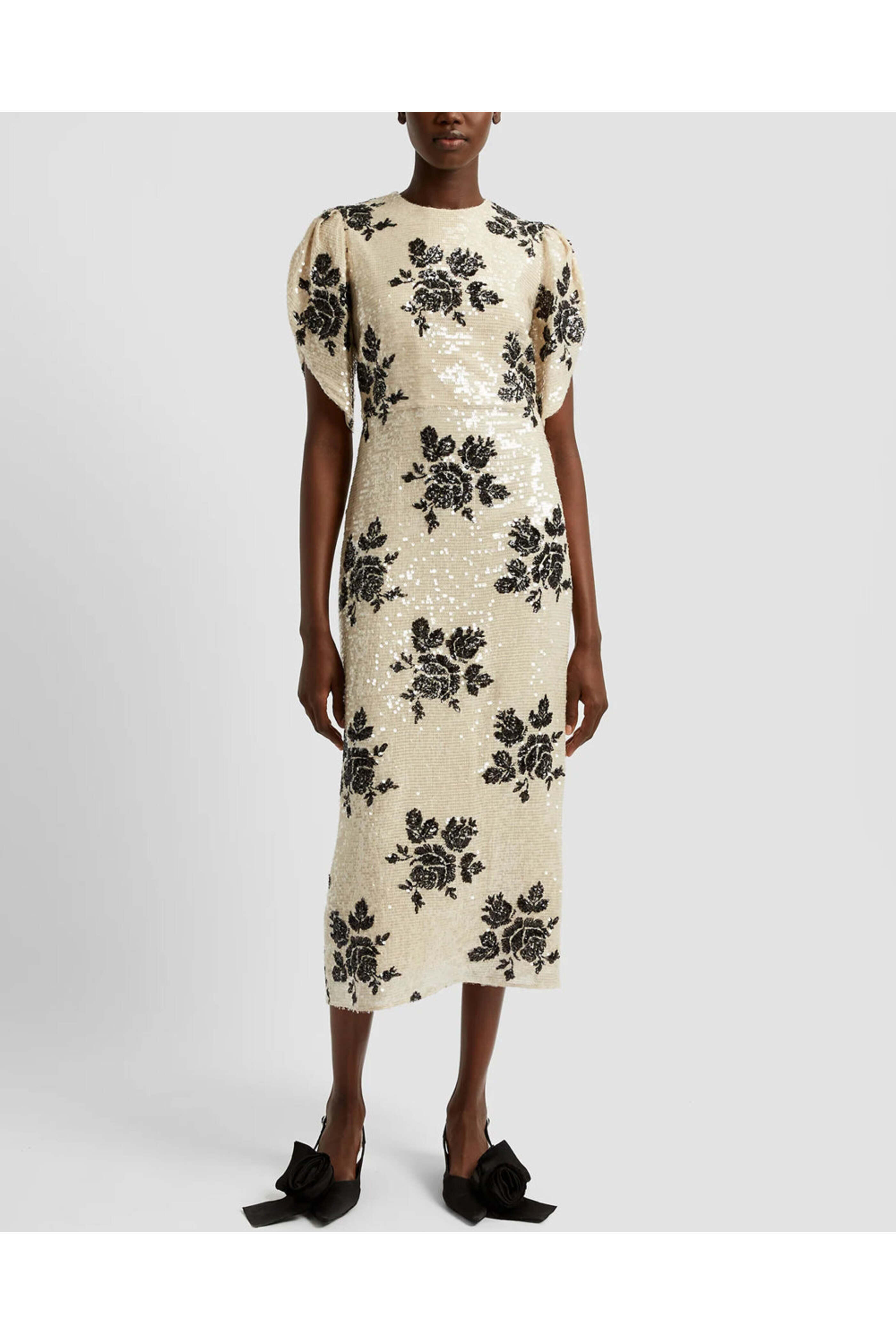Erdem - White and Black Short Sequin Sleeve Cocktail Dress